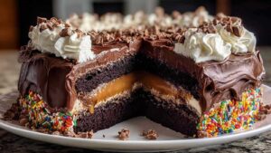 Frisch gebackener Besser als Alles Kuchen mit goldbrauner Oberfläche in rechteckiger Backform