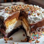 Frisch gebackener Besser als Alles Kuchen mit goldbrauner Oberfläche in rechteckiger Backform