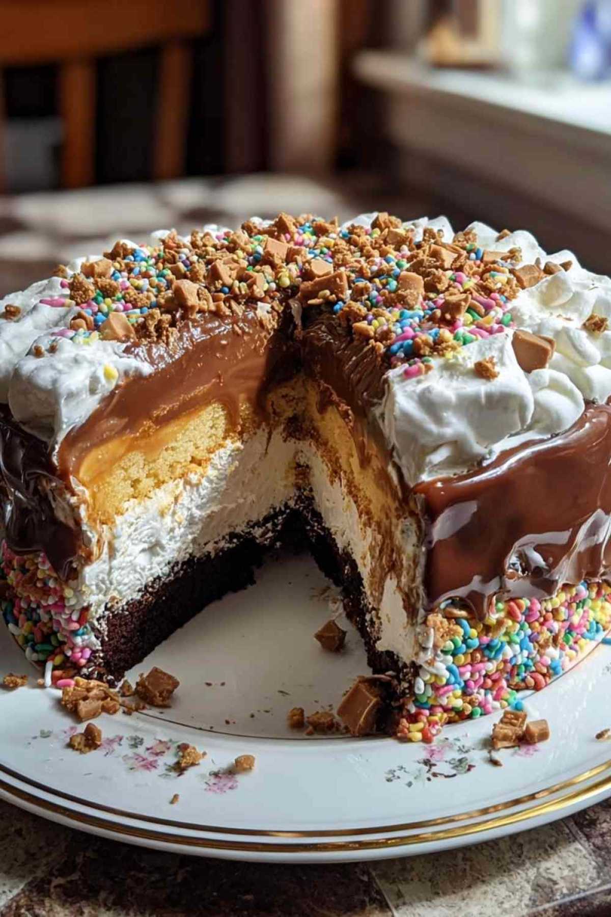 Frisch gebackener Besser als Alles Kuchen mit goldbrauner Oberfläche in rechteckiger Backform