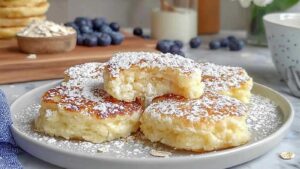 Quark-Taler mit Haferflocken werden in einer Pfanne goldbraun gebraten
