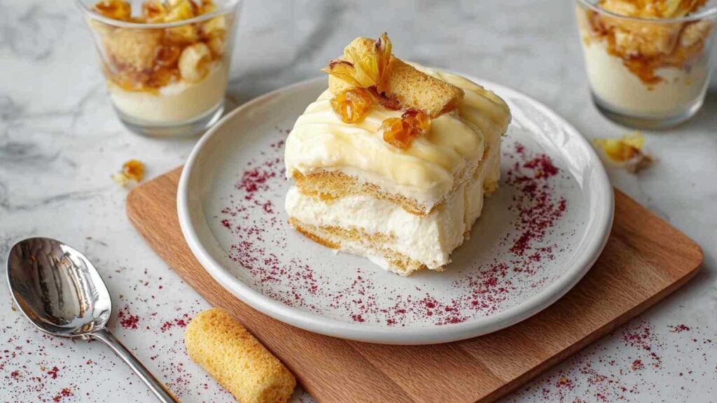 Bienenstich-Dessert in durchsichtigen Gläsern mit geschichteter Vanillecreme und karamellisierten Mandeln