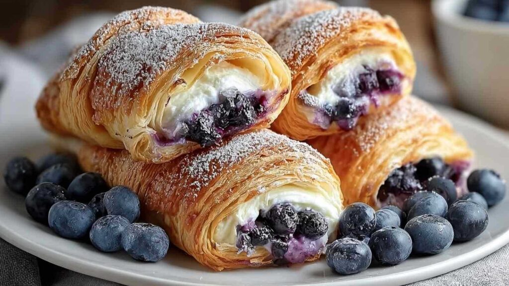 Frisch gebackene Blätterteig mit Blaubeeren und Frischkäse auf Abkühlgitter zeigen goldbraune Oberfläche