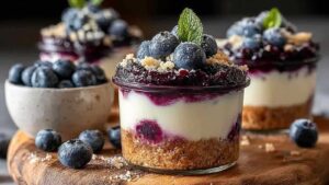 Blaubeer No-Bake Cheesecake Becher in Gläsern mit frischen Blaubeeren garniert