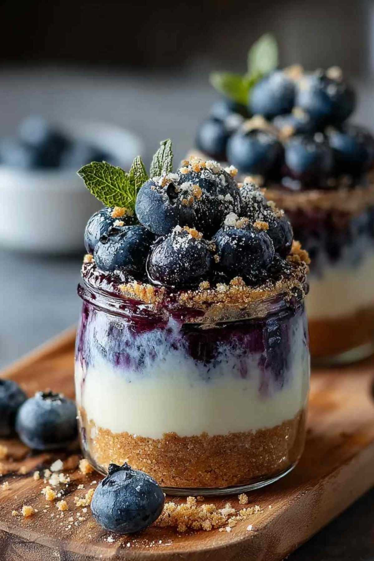 Blaubeer No-Bake Cheesecake Becher in Gläsern mit frischen Blaubeeren garniert