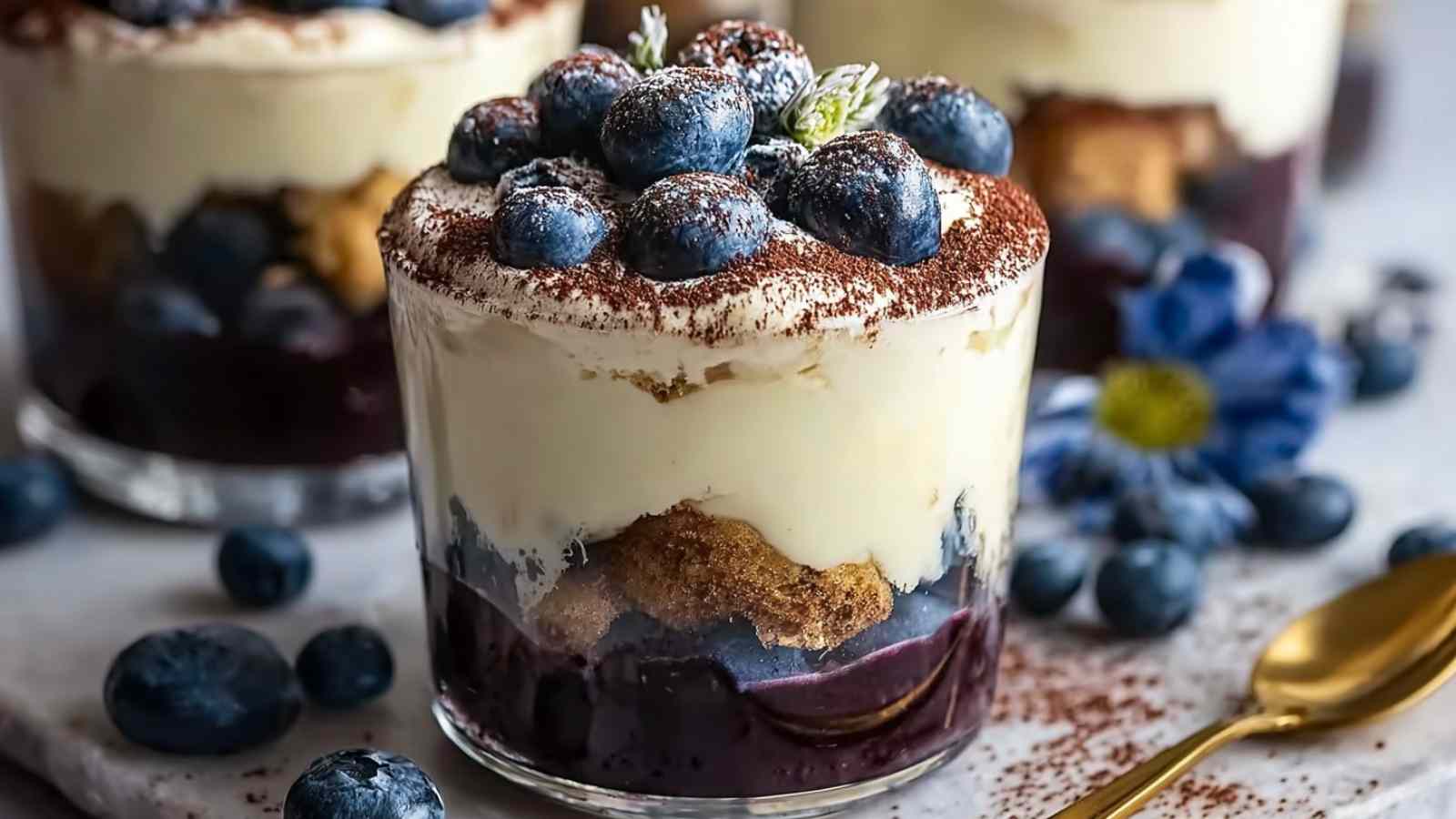 Blaubeer Tiramisu im Glas ohne Ei und Alkohol mit sichtbaren Schichten von Mascarpone und Blaubeeren