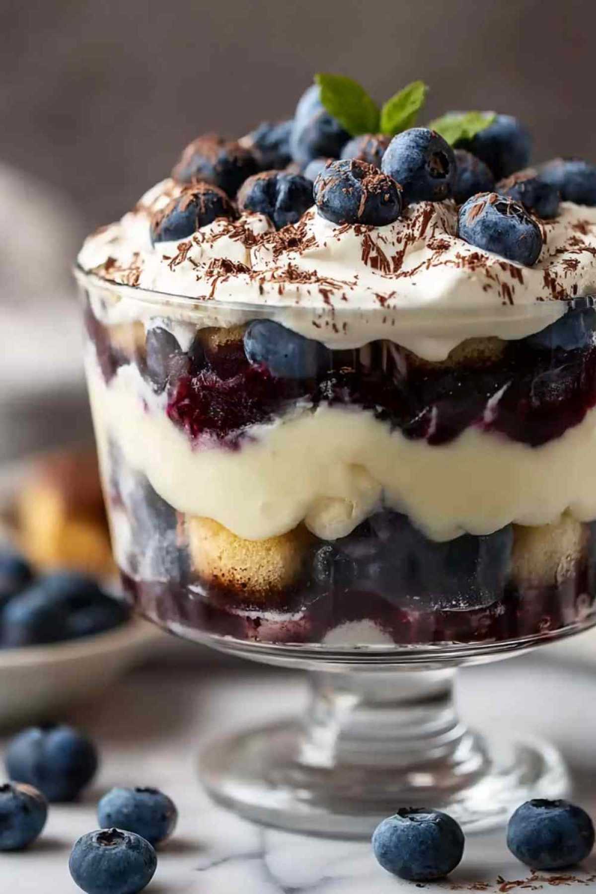Blaubeer Tiramisu im Glas ohne Ei und Alkohol mit sichtbaren Schichten von Mascarpone und Blaubeeren