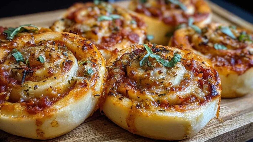 Goldbraune Blitz Pizzaschnecken frisch aus dem Ofen mit geschmolzenem Käse und sichtbaren Spiralen