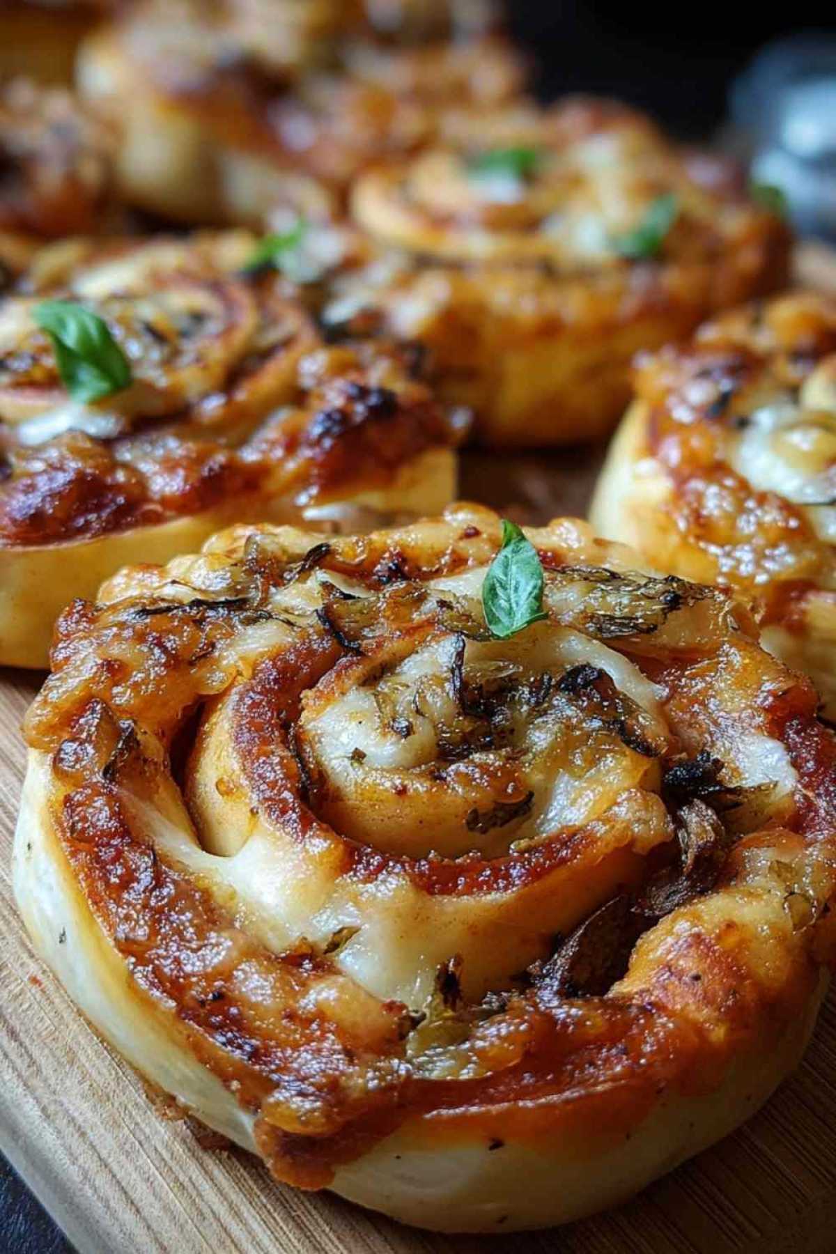 Goldbraune Blitz Pizzaschnecken frisch aus dem Ofen mit geschmolzenem Käse und sichtbaren Spiralen