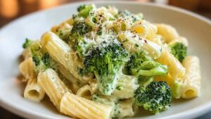 Brokkoli-Pasta mit cremiger Käsesoße in der Pfanne servierfertig