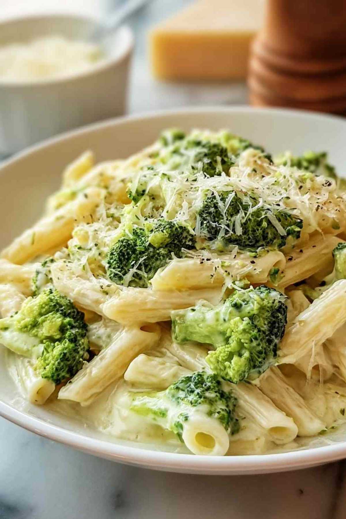 Brokkoli-Pasta mit cremiger Käsesoße in der Pfanne servierfertig