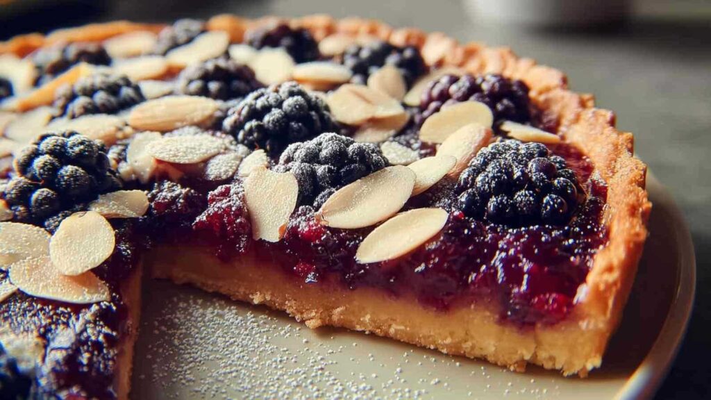 Goldbraune Brombeertarte mit Mandeln frisch aus dem Ofen mit saftigen Beeren