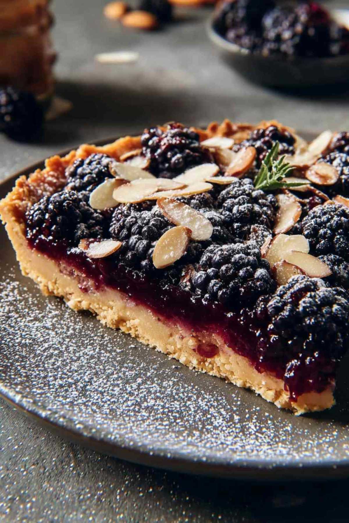 Goldbraune Brombeertarte mit Mandeln frisch aus dem Ofen mit saftigen Beeren