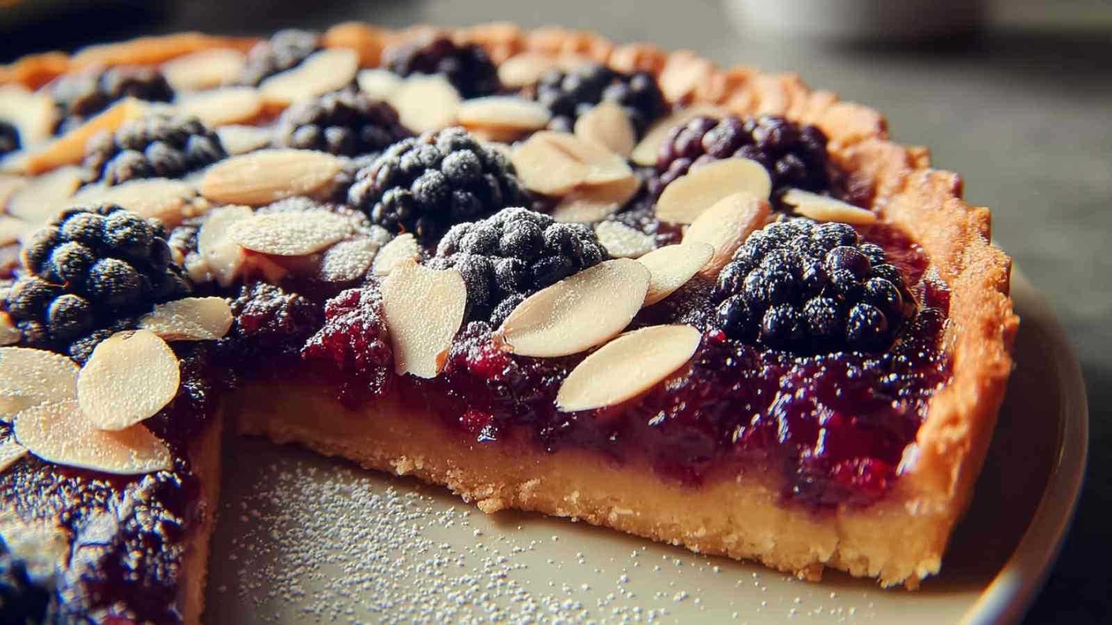 Goldbraune Brombeertarte mit Mandeln frisch aus dem Ofen mit saftigen Beeren