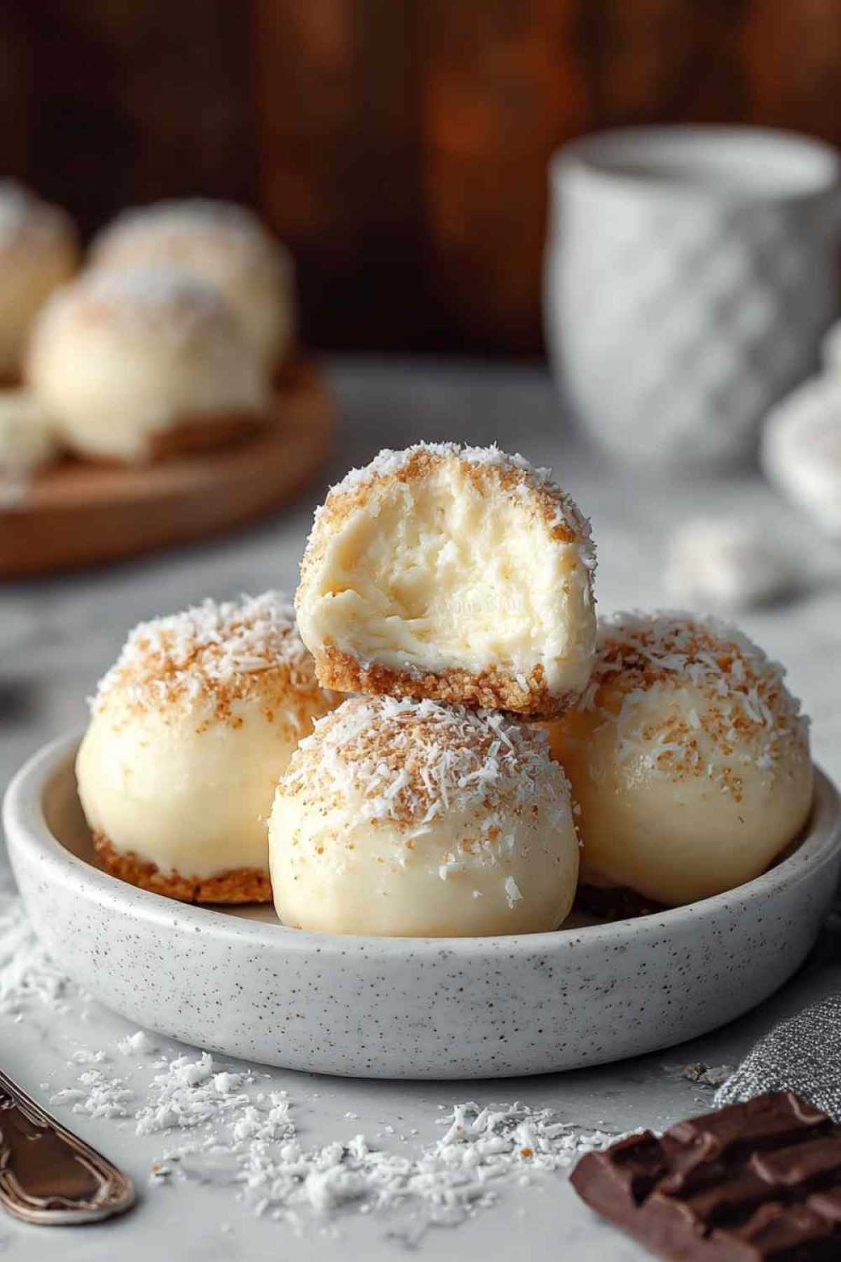 Cremige Käsekuchen-Kugeln mit Kokosraspeln auf weißem Teller angerichtet