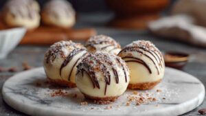 Cremige Käsekuchen-Kugeln mit Kokosraspeln auf weißem Teller angerichtet