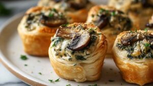 Cremige Pilz-Spinat-Blätterteighäppchen goldbraun gebacken auf Backpapier