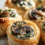 Cremige Pilz-Spinat-Blätterteighäppchen aufgeschnitten zeigen cremige Füllung innen