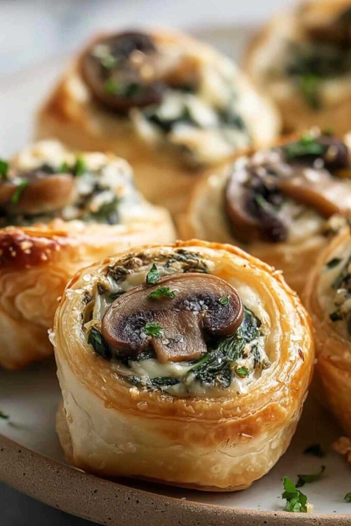 Cremige Pilz-Spinat-Blätterteighäppchen aufgeschnitten zeigen cremige Füllung innen