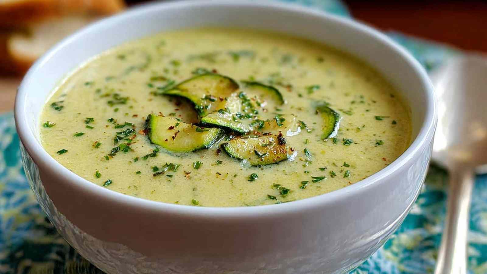 Cremige Zucchinisuppe in rustikaler Keramikschale garniert mit frischen Kräutern und Kürbiskernen