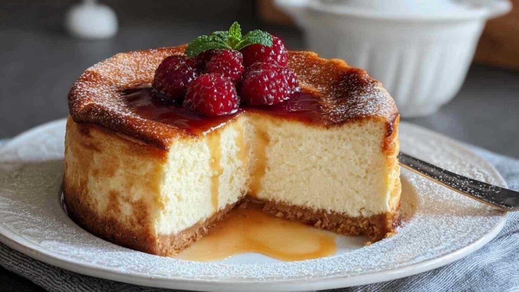 Der cremigste Käsekuchen aller Zeiten auf weißer Tortenplatte mit goldbrauner Oberfläche