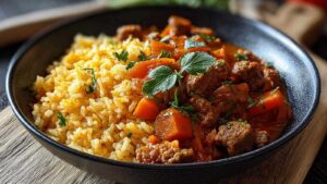 Curryreis mit Hackfleisch in großer Pfanne mit buntem Gemüse und dampfendem Reis