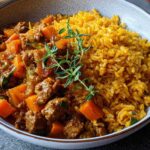Curryreis mit Hackfleisch in großer Pfanne mit buntem Gemüse und dampfendem Reis