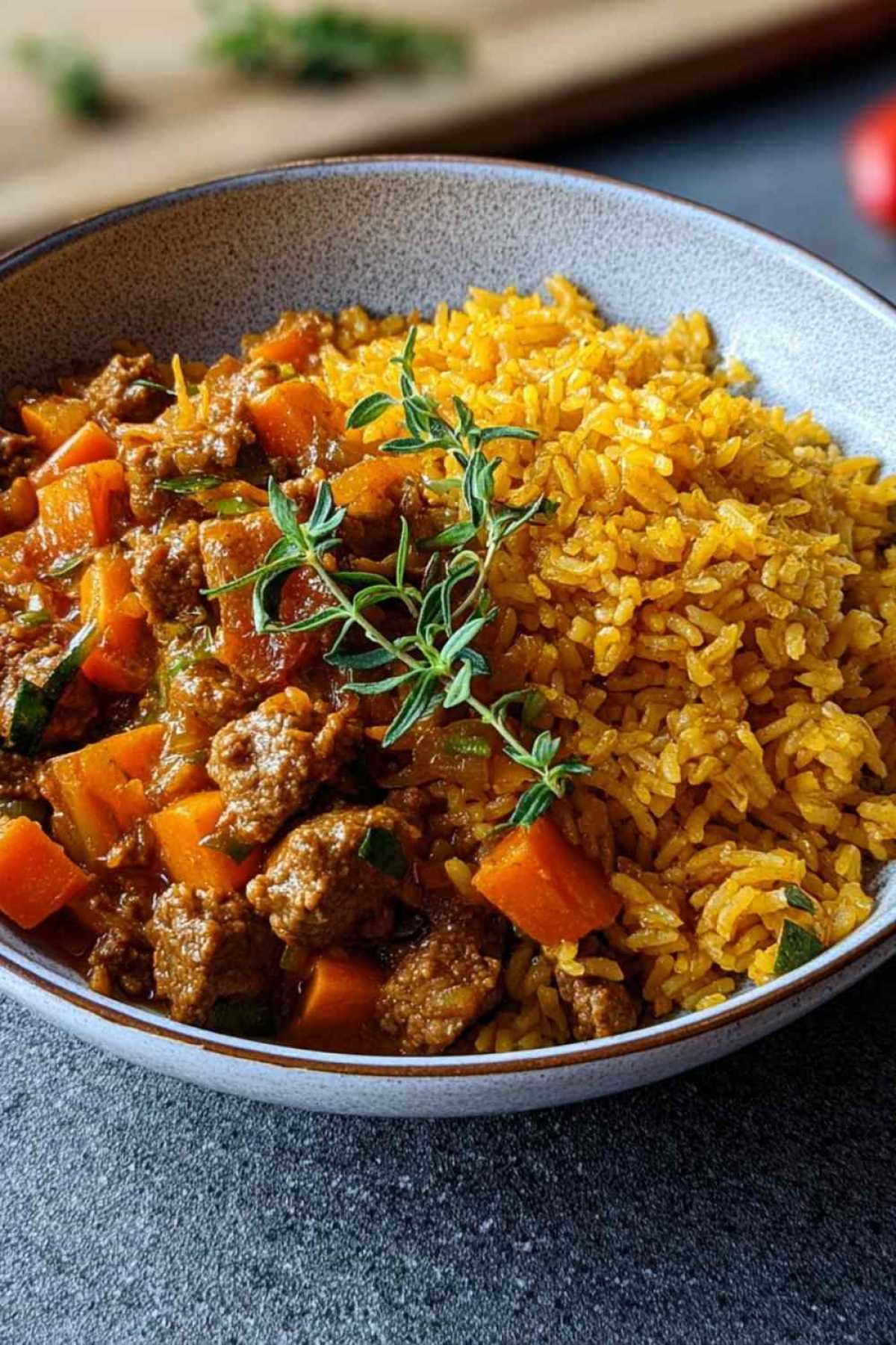 Curryreis mit Hackfleisch in großer Pfanne mit buntem Gemüse und dampfendem Reis