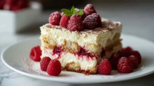 Geschichtetes weißes Schokoladen Himbeer Tiramisu in Glasform mit sichtbaren Schichten