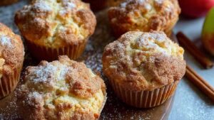 Einfache Apfel-Zimt-Muffins auf Drahtgitter zeigen goldbraune Oberseiten und perfekte