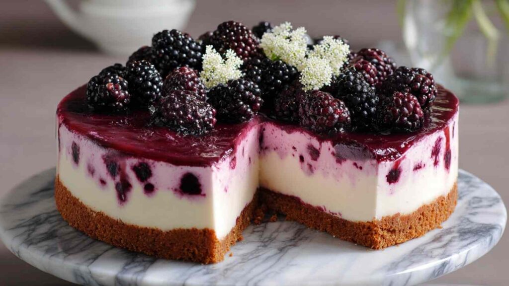 Brombeer Joghurt Torte mit frischen Brombeeren auf weißem Kuchenteller dekoriert