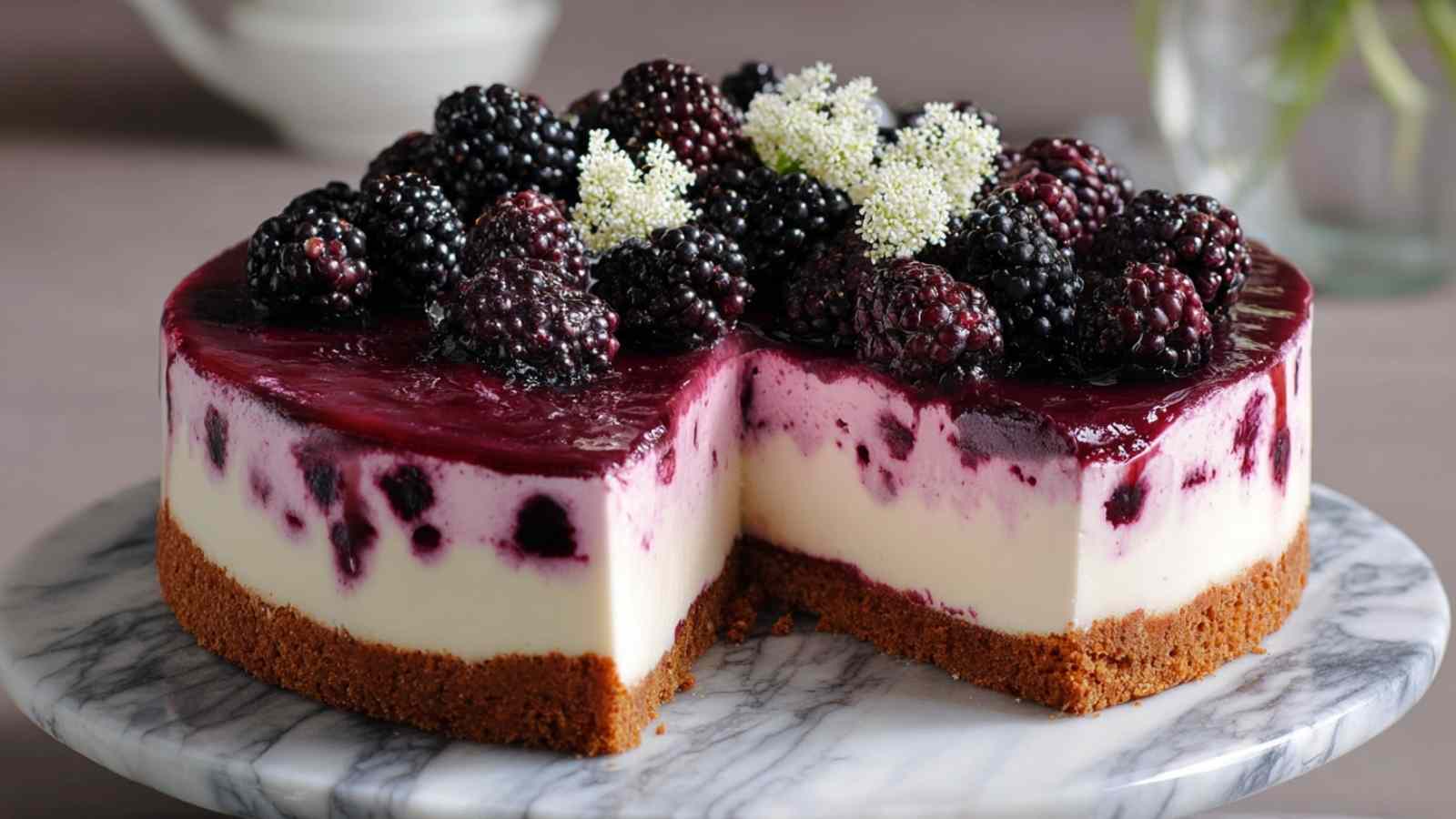 Brombeer Joghurt Torte mit frischen Brombeeren auf weißem Kuchenteller dekoriert