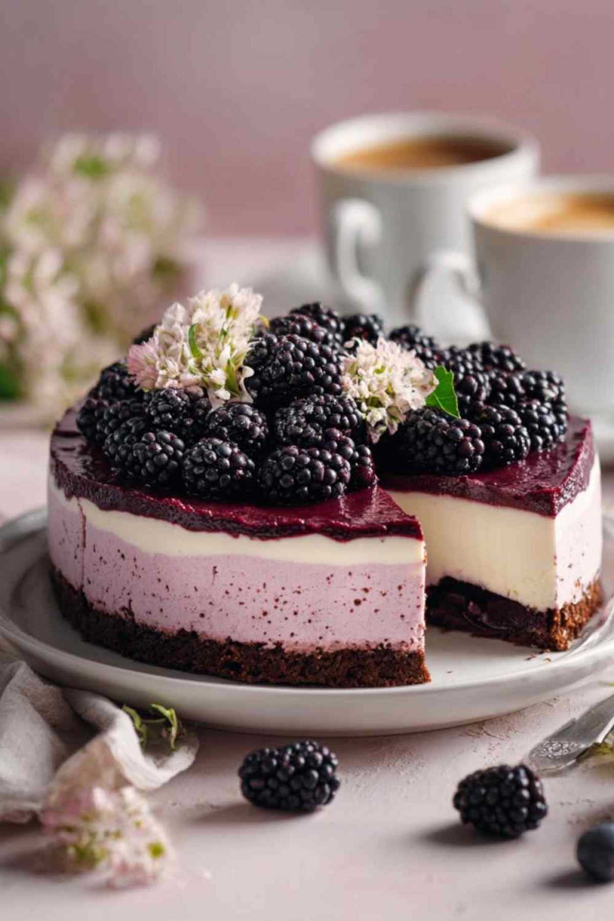 Brombeer Joghurt Torte mit frischen Brombeeren auf weißem Kuchenteller dekoriert