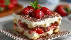 Erdbeer Tiramisu im Glas mit sichtbaren Schichten aus Mascarpone und Erdbeeren