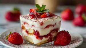 Erdbeer-Tiramisu Joghurt in Gläsern mit Erdbeeren und Kakaopulver garniert