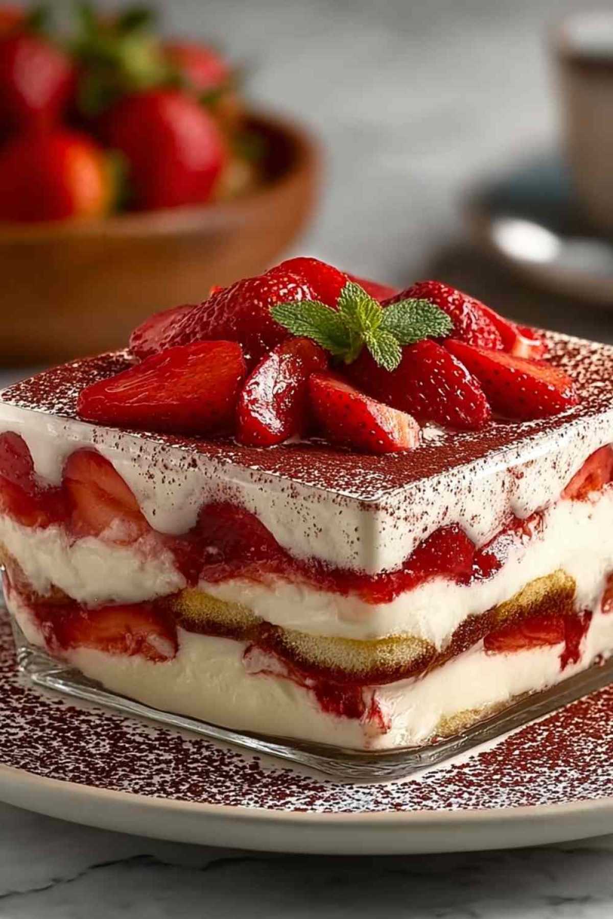 Erdbeer Tiramisu im Glas mit sichtbaren Schichten aus Mascarpone und Erdbeeren