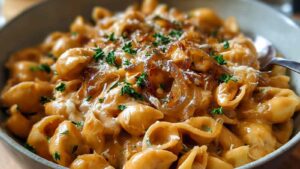 Cremige Französische Zwiebel Pasta mit karamellisierten Zwiebeln und geschmolzenem Käse in großer Pfanne