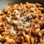 Cremige Französische Zwiebel Pasta mit karamellisierten Zwiebeln und geschmolzenem Käse in großer Pfanne