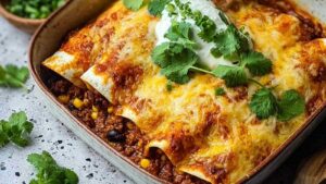 Gebackene Enchiladas mit Hackfleisch in Auflaufform mit geschmolzenem Käse und goldbrauner Oberfläche