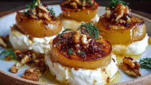 Gebratene Birnen mit Mascarpone werden in der Pfanne goldbraun karamellisiert