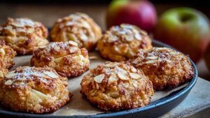 Gesunde Apfel-Hafer-Kekse auf Drahtgitter zeigen goldbraune Farbe und Mandelstückchen