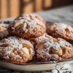 Gesunde Apfel-Hafer-Kekse auf Drahtgitter zeigen goldbraune Farbe und Mandelstückchen