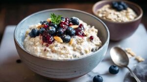 Bircher Müsli in weißer Schüssel garniert mit frischen Beeren und gehackten Nüssen