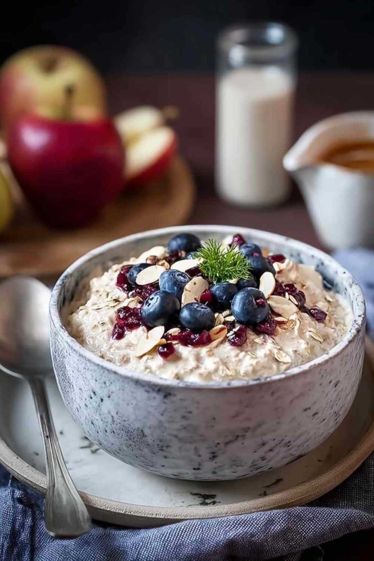 Bircher Müsli in weißer Schüssel garniert mit frischen Beeren und gehackten Nüssen