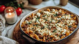 Griechischer Nudelauflauf mit goldbraunem Feta in weißer Auflaufform