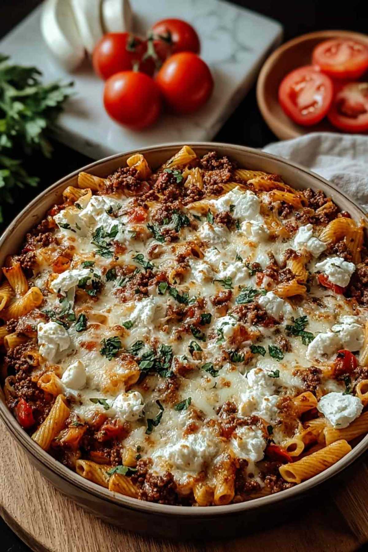 Griechischer Nudelauflauf mit goldbraunem Feta in weißer Auflaufform