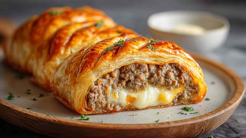 Hackfleisch-Käse-Blätterteig-Rolle