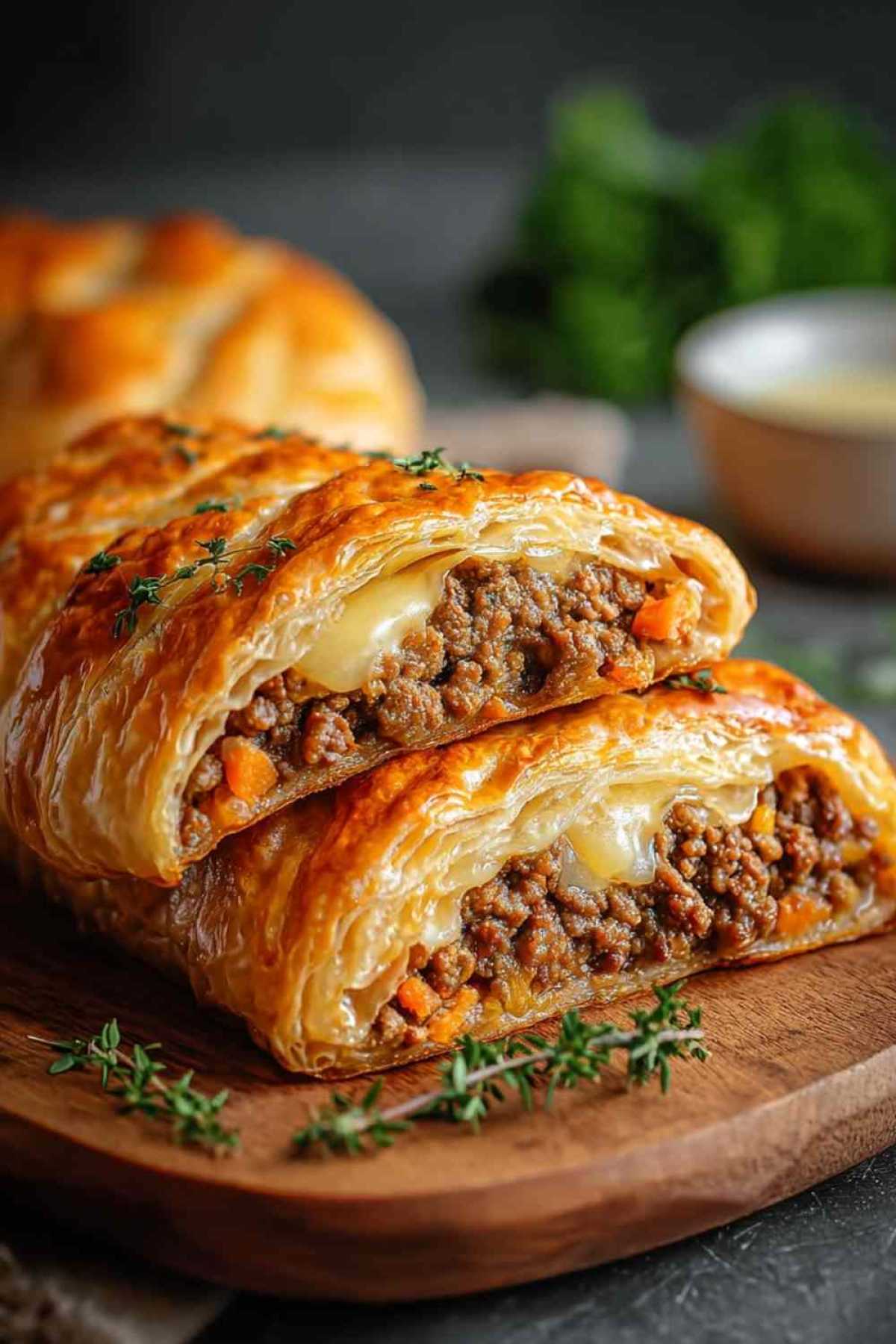 Hackfleisch-Käse-Blätterteig-Rolle