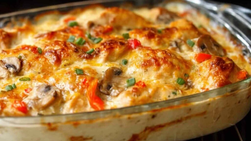 Hähnchen Auflauf mit goldbraunem Käse frisch aus dem Backofen auf dem Küchentisch