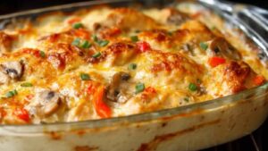 Hähnchen Auflauf mit goldbraunem Käse frisch aus dem Backofen auf dem Küchentisch