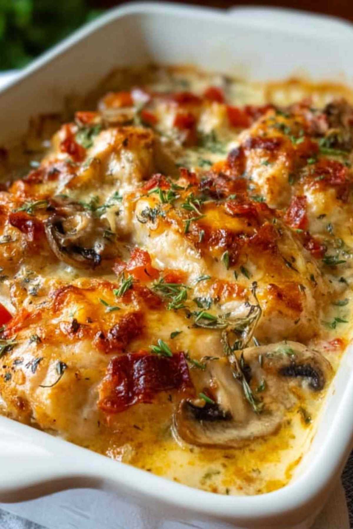 Hähnchen Auflauf mit goldbraunem Käse frisch aus dem Backofen auf dem Küchentisch